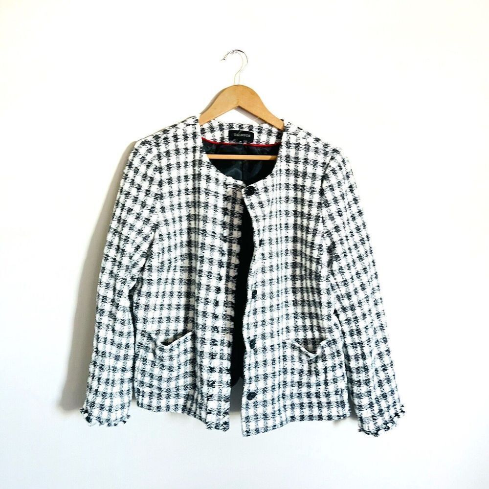 Talbots Classic Houndstooth Plaid Blazer Sz 16‎ Jacket Black White Cotton Blend